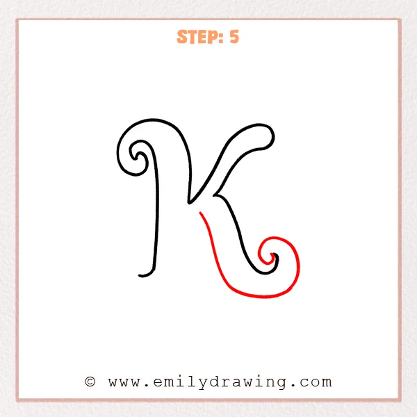 how to draw a fancy letter k - A fancy letter k with the top flourish and right arm, now refining the lower tail into a large spiral curl and adding an inner connecting stroke for a fuller bottom flourish.